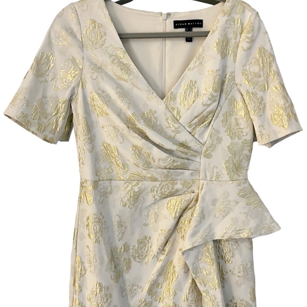 Aidan Mattox NWT V-Neck Pleated Bodice Jacquard Long Gown Ivory & Gold Sz 8 - Picture 7 of 15